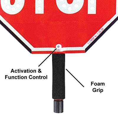 Close up of activation on and off button for LED paddle sign and foam grip