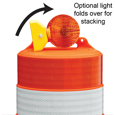 Traffic drum shown with optional light and tire ring plus different sheeting.