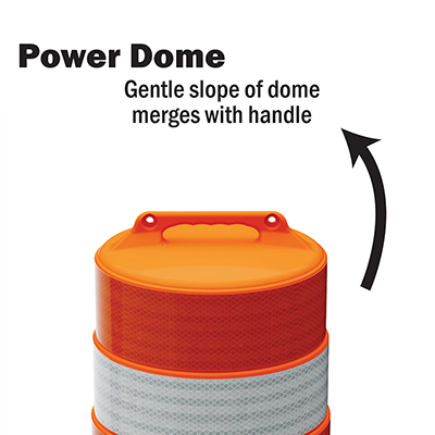 Shows traffic drum power dome with a gentle slope that merges with handle.