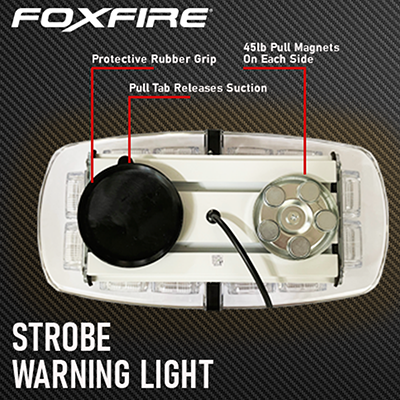 Foxfire magnetic strobe warning vehicle light - underside view of magnetic attachment cups.