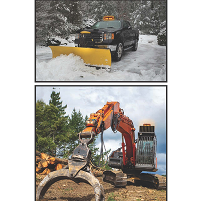 Foxfire Magnetic Strobe Warning Vehicle Light shown in-use on truck and bulldozer.