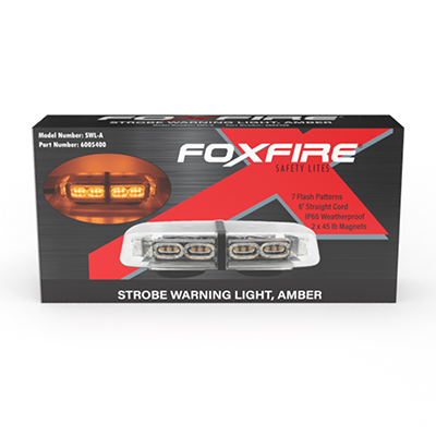 Foxfire magnetic strobe warning vehicle light in retail box.