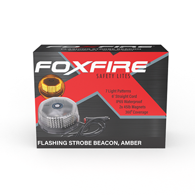 Foxfire magnetic amber flashing strobe vehicle warning light in retail box.