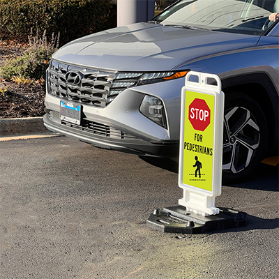 Crosscade Crosswalk Sign (STOP FOR PEDESTRIANS) - 24" Double-Sided Panel with 28 lbs. Rubber Base