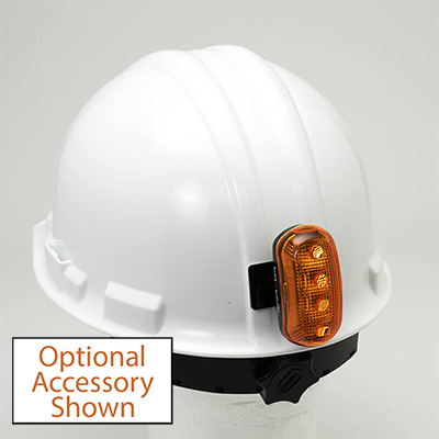 Foxfire Hard Hat Safety Light Kit - amber color light shown displayed on a white hard hat.