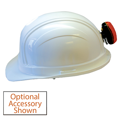 Foxfire hard hat safety light kit - side view of amber color light displayed on a white hard hat.