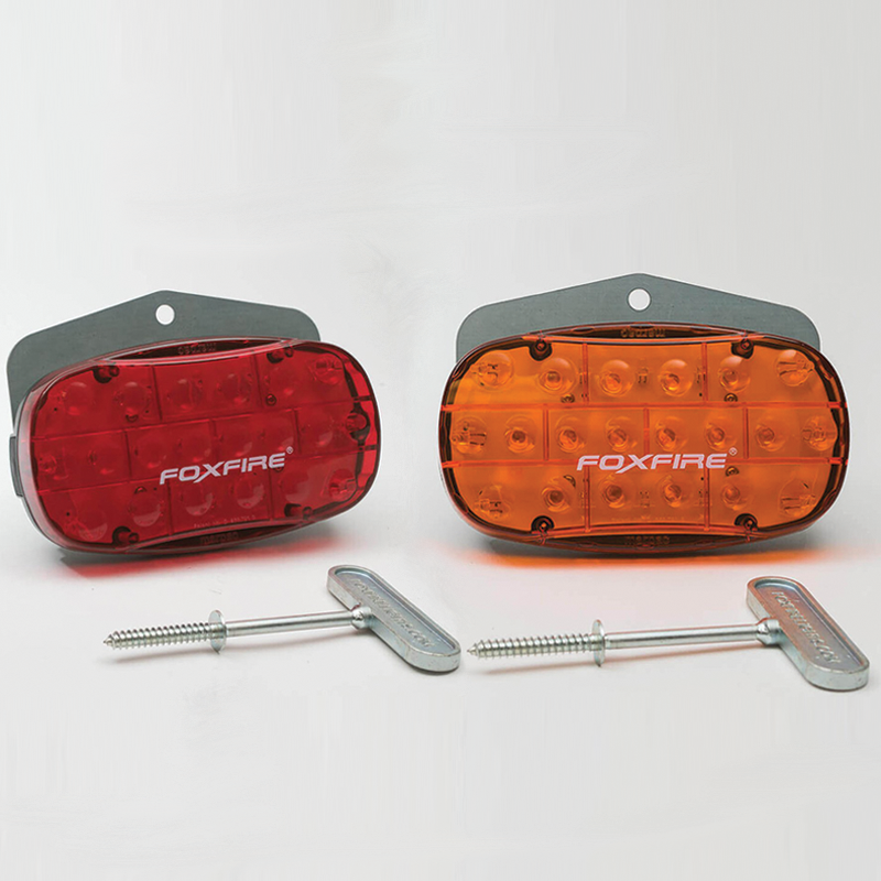 Foxfire logger lite kit - amber and red light each pictured with t-handle mounting tool.