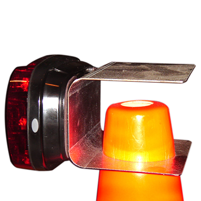 Foxfire red light side view on top of traffic cone with bracket in use.