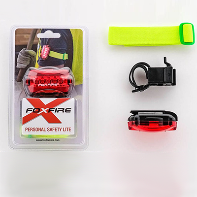 Foxfire personal led red safety light display in retail package with mounting bracket and elastic ar