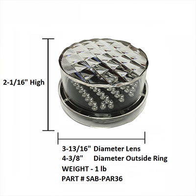 PAR36 light bulb with dimensions. Height: 2-1/16", Lens Diameter: 3-13/16", Outer Ring Diameter: 4-3