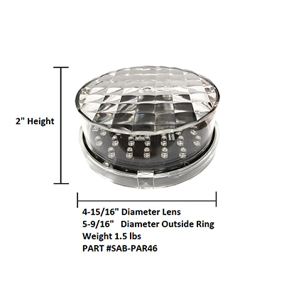 PAR46 light bulb with dimensions. Height: 2", Lens Diameter: 4-15/16", Outer Ring Diameter: 5-9/16",