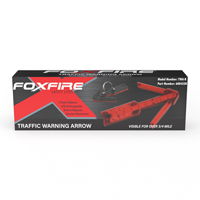 Magnetic traffic warning arrow light in retail box.